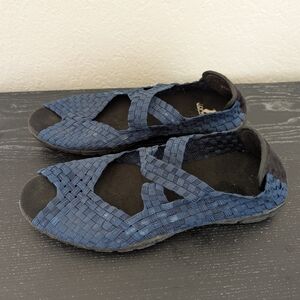 Corky's Forest Navy Stretch Woven Peep Toe Cross Straps Mary Jane Flats Size 7